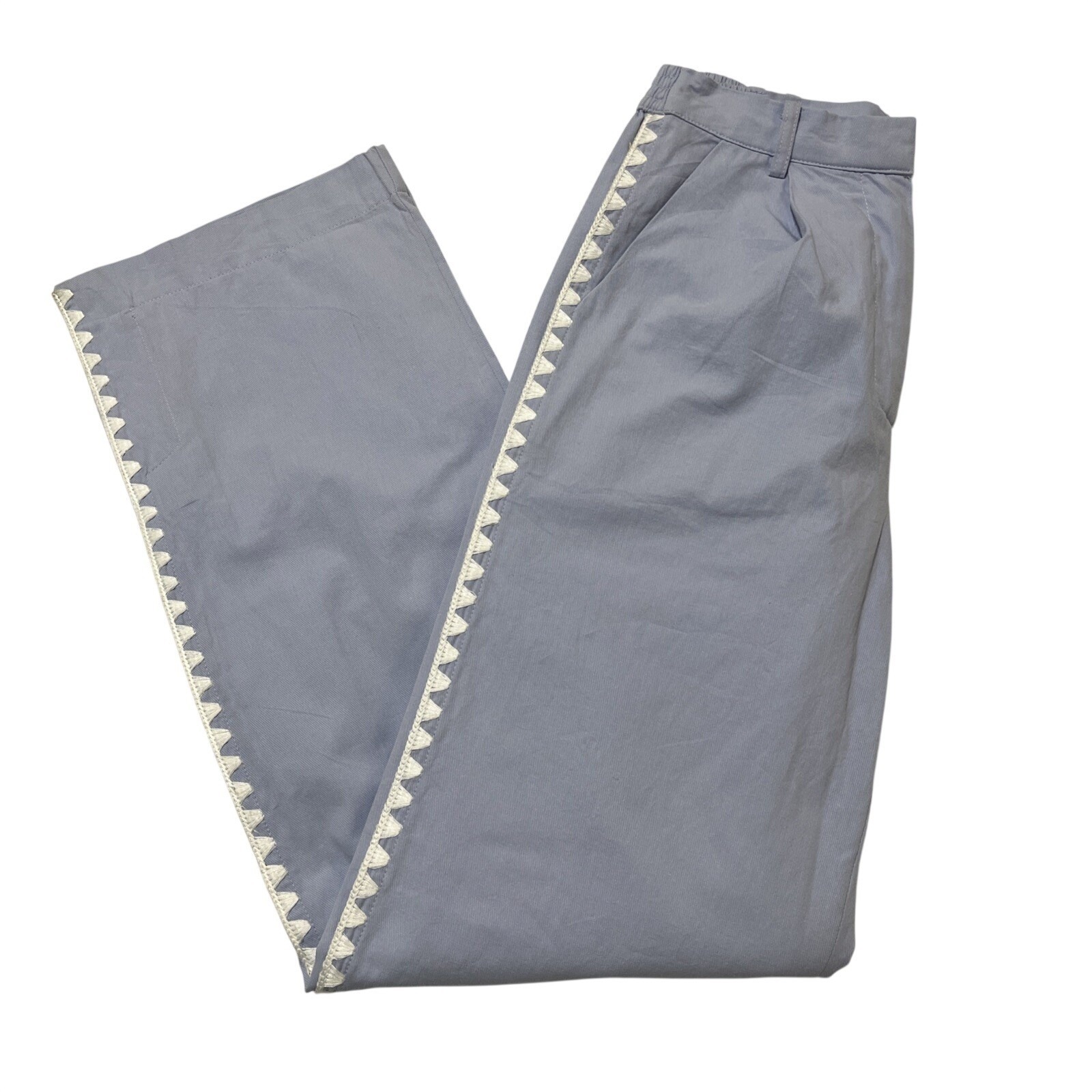 Mon Renn Pants Blue Cotton Wide Leg Embroidered Trim Women Xs Preppy Vacation